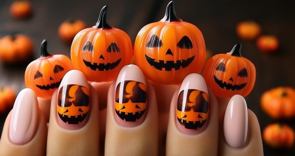 Pumpkin Faces Nail Design