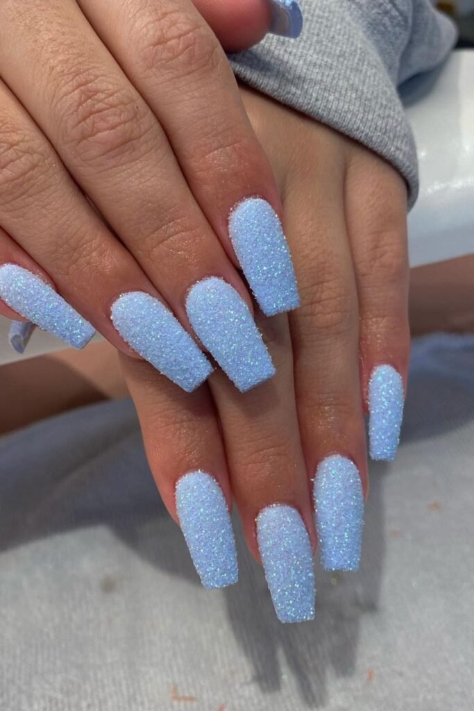 Snowy Sugar Blue Coffin Shaped Winter Nails