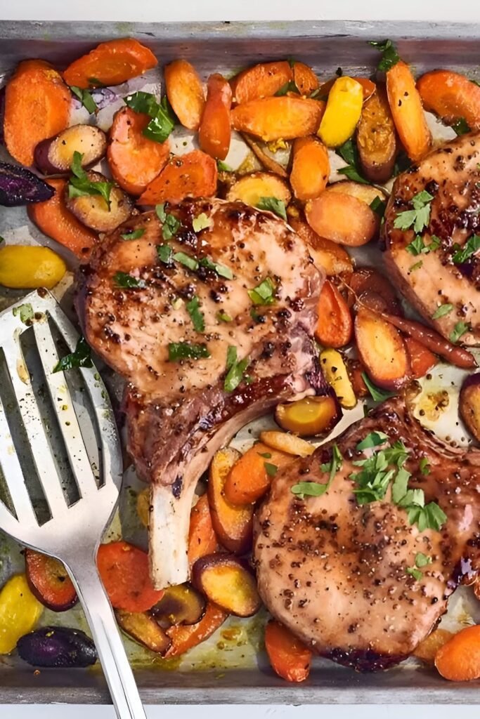 Tuesday: Sheet-Pan Maple-Mustard Pork Chops & Carrots