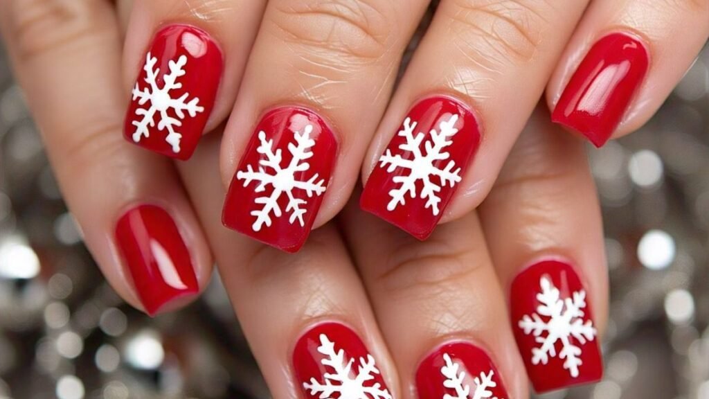 1. White Snowflake Christmas Nail Art Ideas – Red Nail Polish nails images