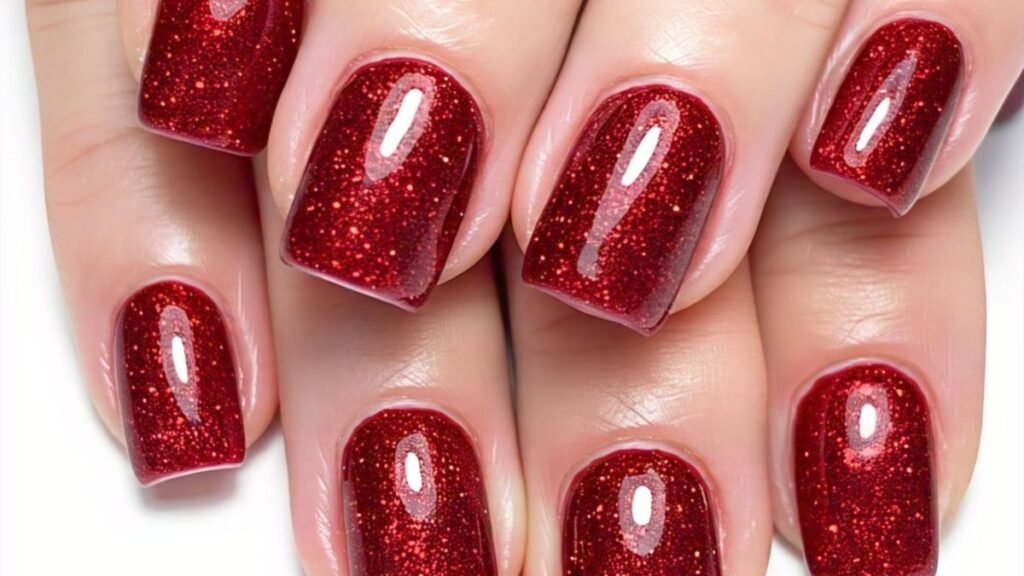 6 Classic Red Glitter Nails